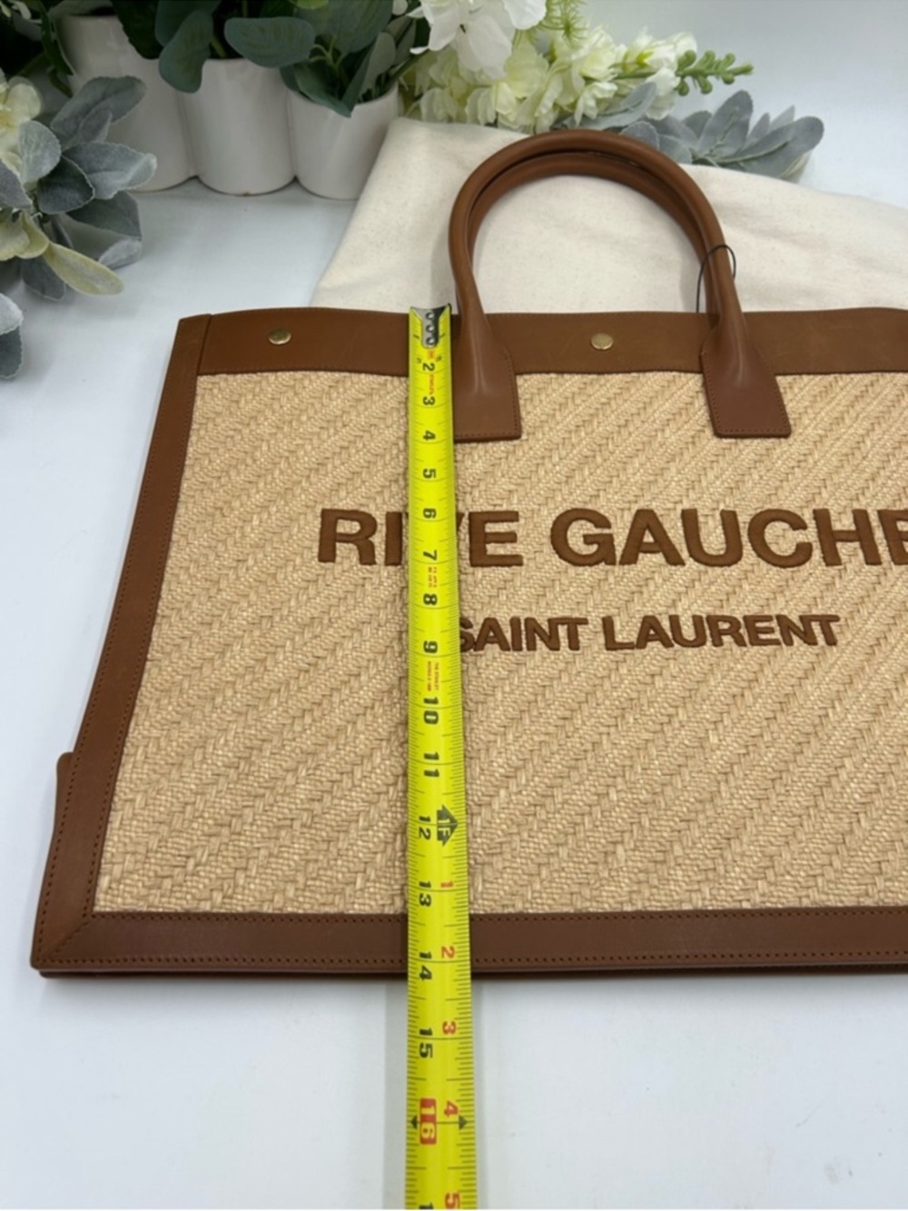 Women’s Saint Laurent RIVE GAUCHE tote bag natural sand, RAFFIAN brick leather - Picture 7 of 15